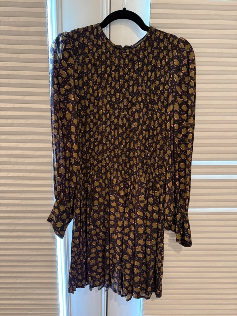 French Connection Black Floral Long-Sleeve Smocked Mini Dress